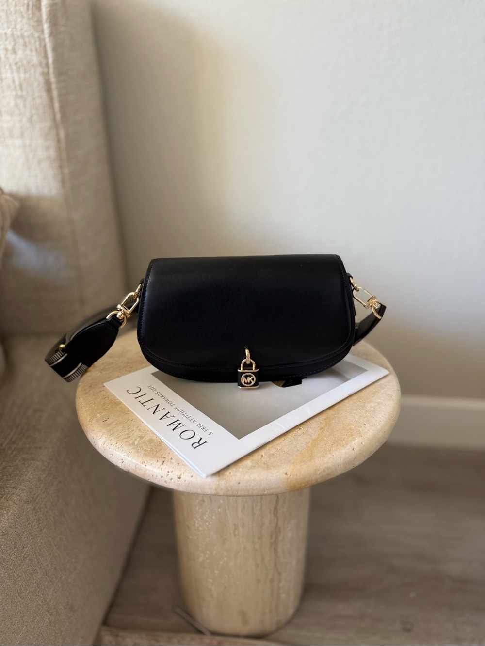 Michael Kors Black Leather Shoulder Bag Wide Strap Gold Hardware NWT